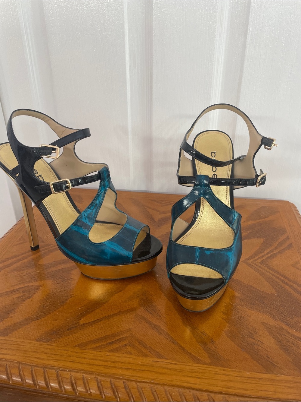 bebe Teal and Black Platform Stiletto Sandals with Gold Details